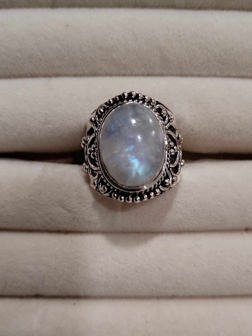 Sterling Silver Moonstone Ring with Blue Flash